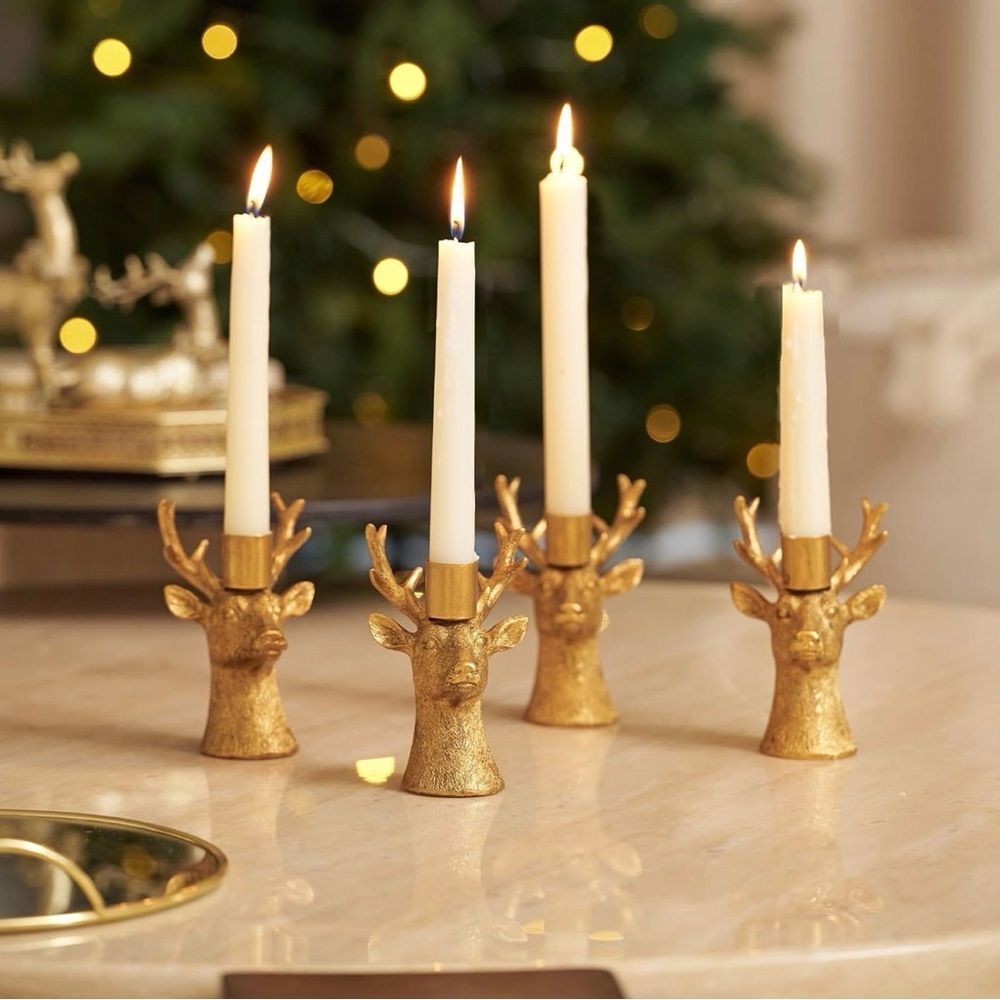 Set of 4 Candlestick Reindeer Candle Holders Brass Gold